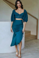 Twinkling Nights Asymmetrical Hem Ruched Side Satin Midi Skirt Jade Green