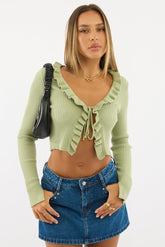 Green Ruffle Cardigan Long Sleeve