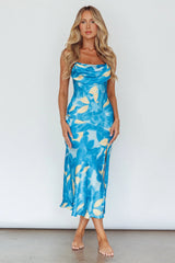 Well Versed Pleated Bust Front Split Dress Flora Blue