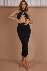 Vanna Diamante Trim Halterneck Dress Black