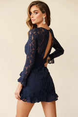 Tilly Lace Overlay Ruffle Trimmed Back Dress Navy
