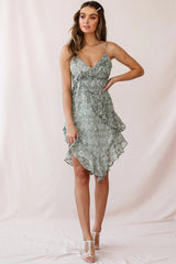 Kindred Ruffle-Trimmed V-Shaped Hem Dress Weave Print Olive