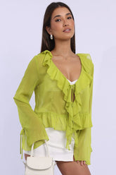 Green Tie Up Top Long Sleeve V Neck Frilled Romantic