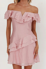 Sinclair Off-Shoulder Ruffle Trim Mini Dress Blush