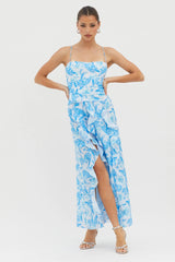Serif Ruffle Trim Split Maxi Dress Blue