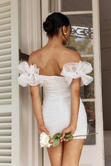 Star Dust Off-Shoulder Frill Sleeve Mini Dress White