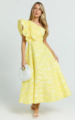 Alfreda Midi Dress One Shoulder Ruffle Detail Brailey Jacquard Dress in Yellow