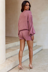 Modesto Drawstring Waist Pom Pom Trim Knit Shorts Rose