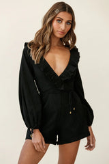 Tegan Long Sleeve Ruffle Neckline Romper Black