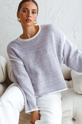 Sitting Pretty Drop Sleeve White Trim Knit Sweater Blue