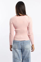 Pink Knit Top Long Sleeve Wrap Front Contrast Ribbon