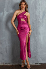 Zephir One-Shoulder Split Midi Dress Fuchsia