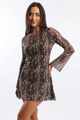 Brown Animal Print Mini Dress Long Sleeve