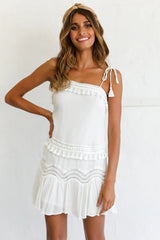 Ophira Dropped Waist Tassel Trim Shift Dress White