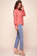 Issa Floral Sleeved Button Up Top Rust