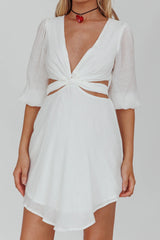 Sunshine Sweetie Cut-Out Waist Tie Feature Mini Dress White