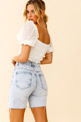 Romantics Shirred Bodice Puff Sleeve Crop Top White