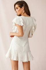 Marlow Double Ruffle Shoulder Dress Square Pattern Beige