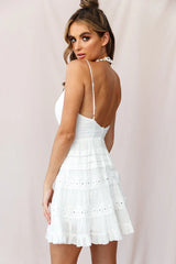 Riley Deep V-Neckline Ruffle Detail Dress White