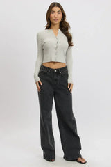 Grey Knit Cardigan Long Sleeve Crew Neck Button Up