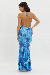 Mayah Lace Halterneck Maxi Dress Abstract Blue