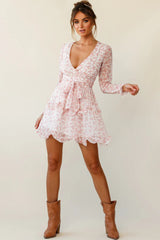 Greta Tiered Ruffle Chiffon Dress Floral Pattern Blush