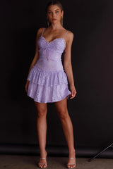 St Tropez Cami Strap Frill Trim Lace Mini Dress Lilac