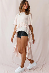 Kara High-Low Ruffle Trim Top Beige