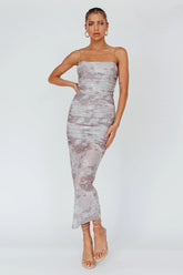 Logan Strapless Ruched Midi Dress Print Sand