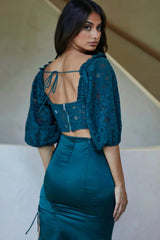 Talk About Me Puff Half Sleeve Circle Trim Crop Top Forest Green