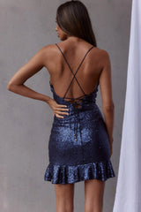 Miami Nights Cowl Neck Ruffle Hem Sequin Mini Dress Navy