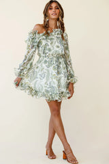 Rhiannon Off-Shoulder Lettuce Frill Dress Floral Print White