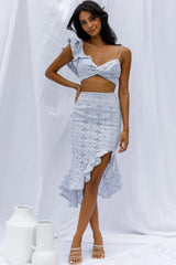 Talk About Me Asymmetrical Ruffle Hem Midi Skirt Steel Blue
