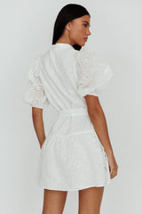 Serita Belted Puff Sleeve Eyelet Mini Dress White