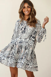 Mina Long Sleeve Button Back Shift Dress Ornate Print Navy