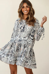 Mina Long Sleeve Button Back Shift Dress Ornate Print Navy