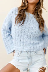 Misty Eyed Long Sleeve Ribbed Knit Sweater Blue