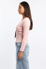 Pink Knit Top Long Sleeve Wrap Front Contrast Ribbon