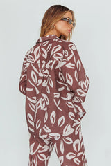 Just A Hunch Button Shirt Leaf Print Chocolate