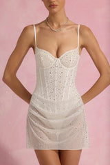 Semi-Sheer Embellished Draped Corset Mini Dress in White