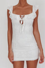 Sweet Saturday Tied Bust Ruffle Mini Dress White