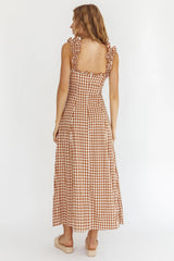 Warrior Sun Frill Strap Maxi Dress Tan Check