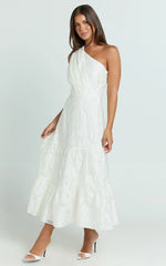 Nadette Midi Dress One Shoulder Pleated Tiered Dress in White