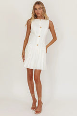 Opulent Pleat Skirt Button Mini Dress White