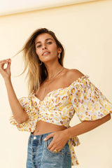Linka Off-Shoulder Tie-Back Crop Top Leopard Print Yellow