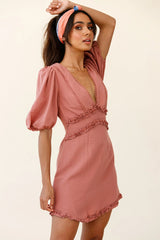 Meant To Be Puff Sleeve Frill Detail Dress Brown