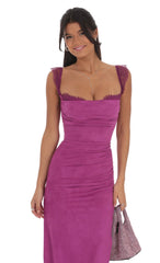 Suede Draped Lace Maxi Dress in Magenta