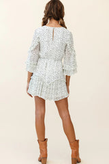 Yours Sincerely Three-Quarter Sleeve Accordion Pleat Dress Speckle Print White