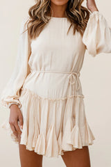 Rosabel Balloon Sleeve Fluted Hem Dress Beige