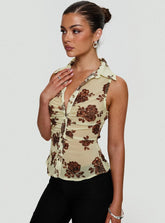 Present Tense Sheer Ruched Top Yellow Floral